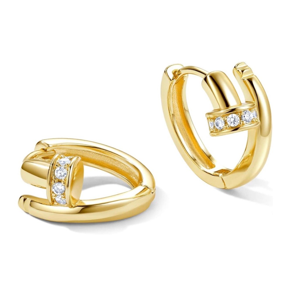 14k Gold Plated Twisted Nail‎ Huggie Earrings Small Hoop Gold Hypoallergenic CZ
